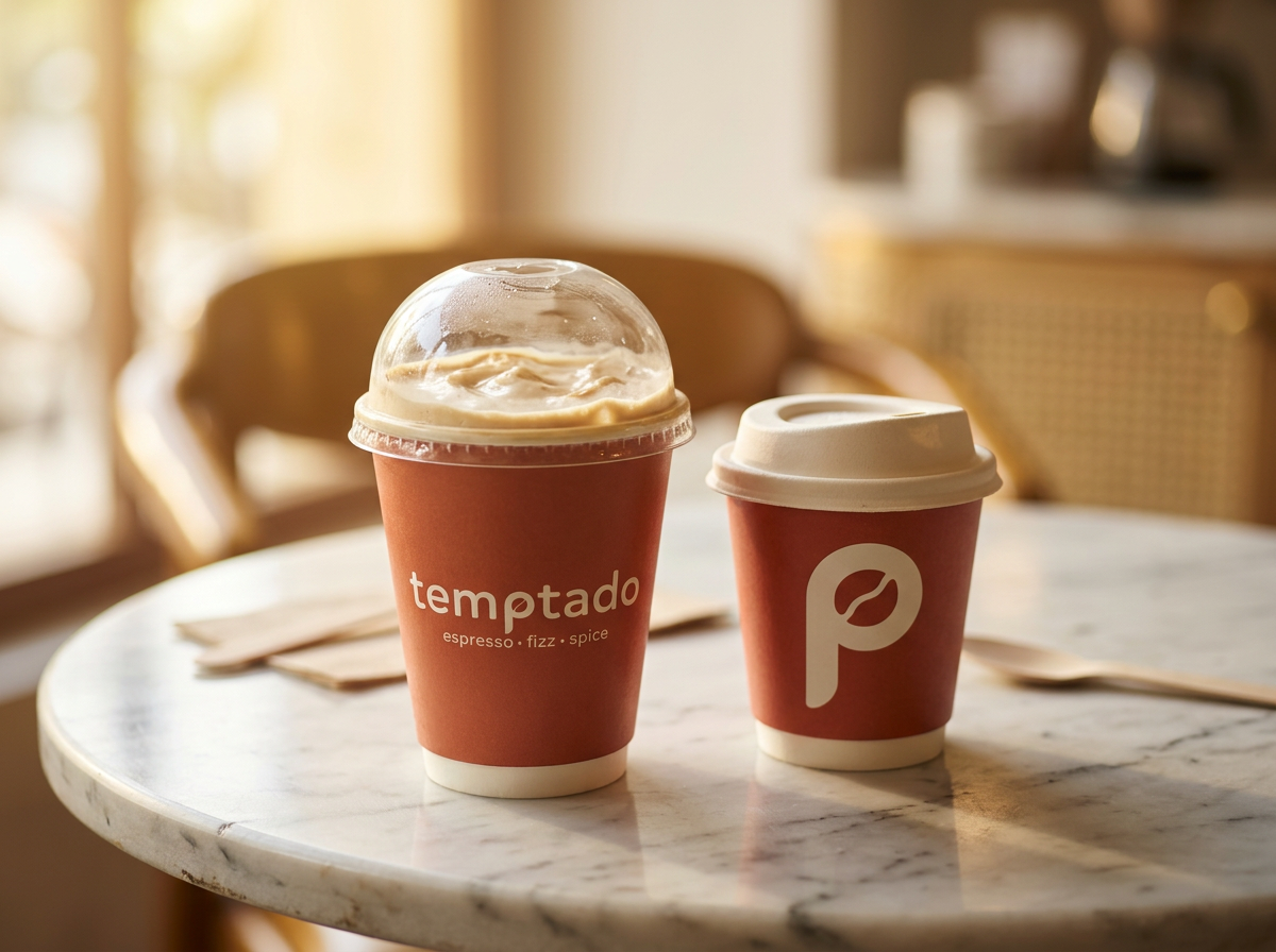 Two Temptado terracotta takeaway cups, one with a dome lid holding a shake