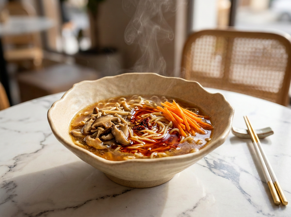 Ramen bowl with mushrooms, carrot, spring onion and chili oil in a scalloped cream ceramic bowl