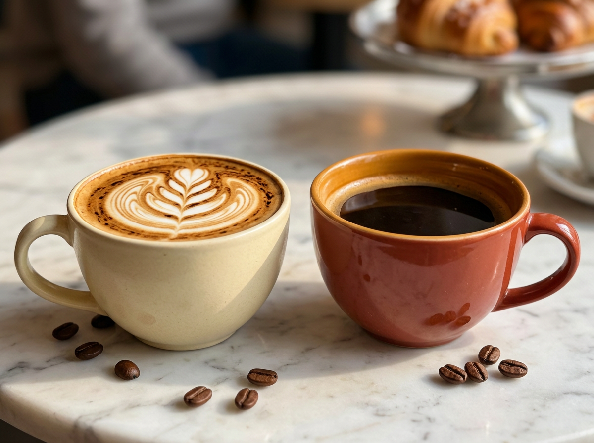Cappuccino in a ribbed cream mug beside black coffee in a terracotta mug